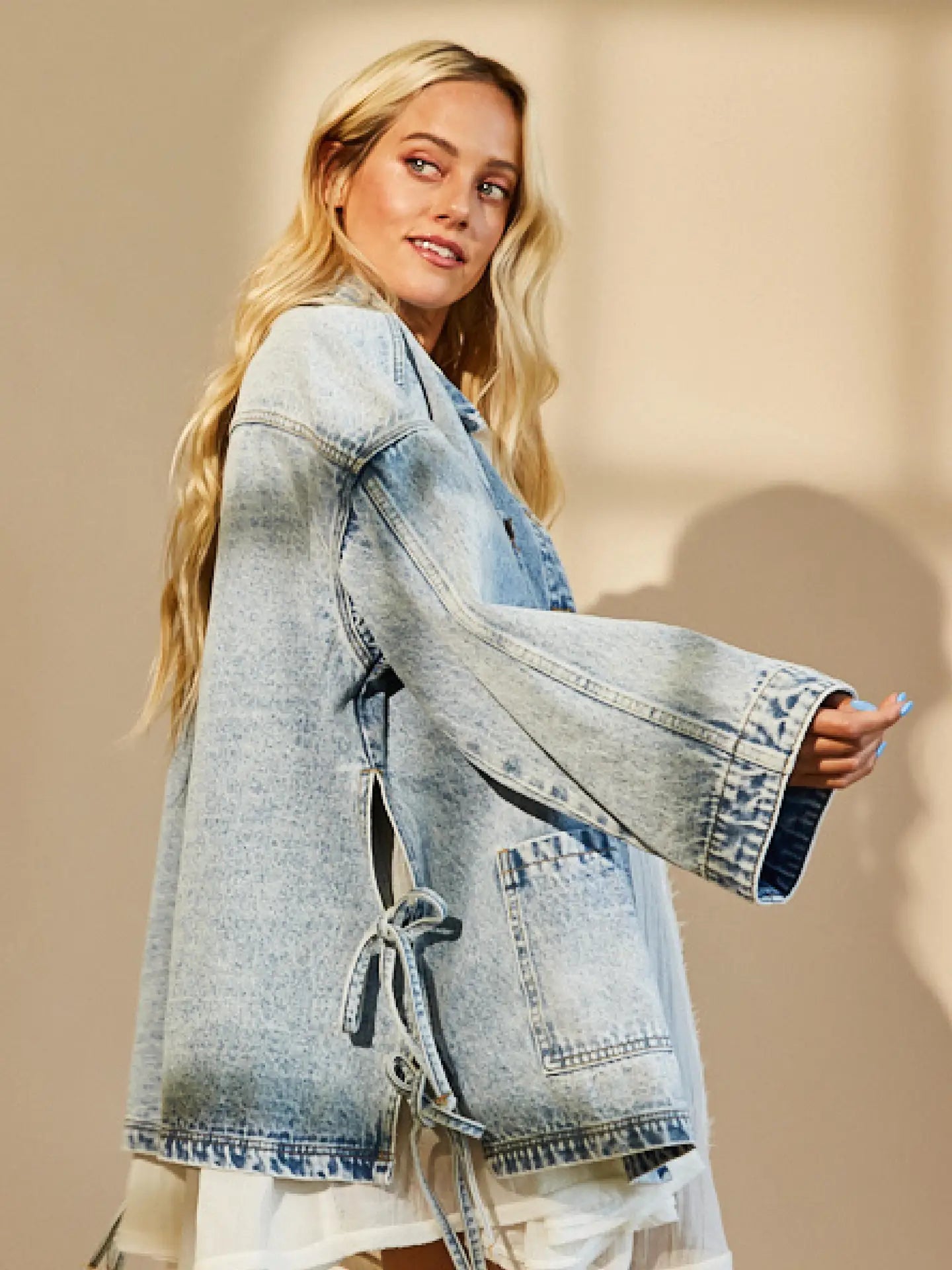 Boho Side Tie Detail Oversized Denim Jacket