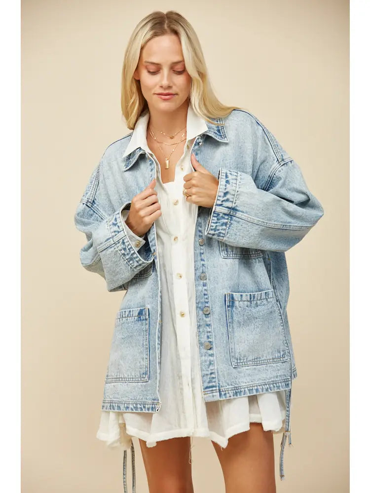 Boho Side Tie Detail Oversized Denim Jacket