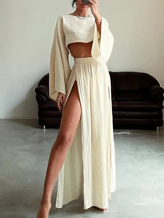 Casual Pleated Crop Top High-Waisted Slit Skirt Set