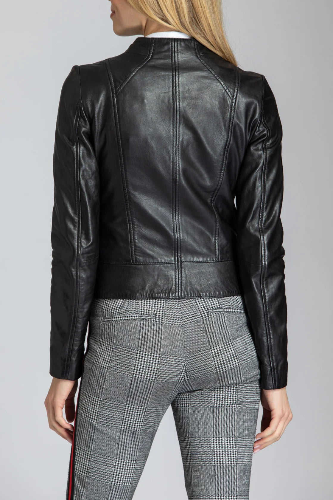 Collarless Leather Zip Up Jacket
