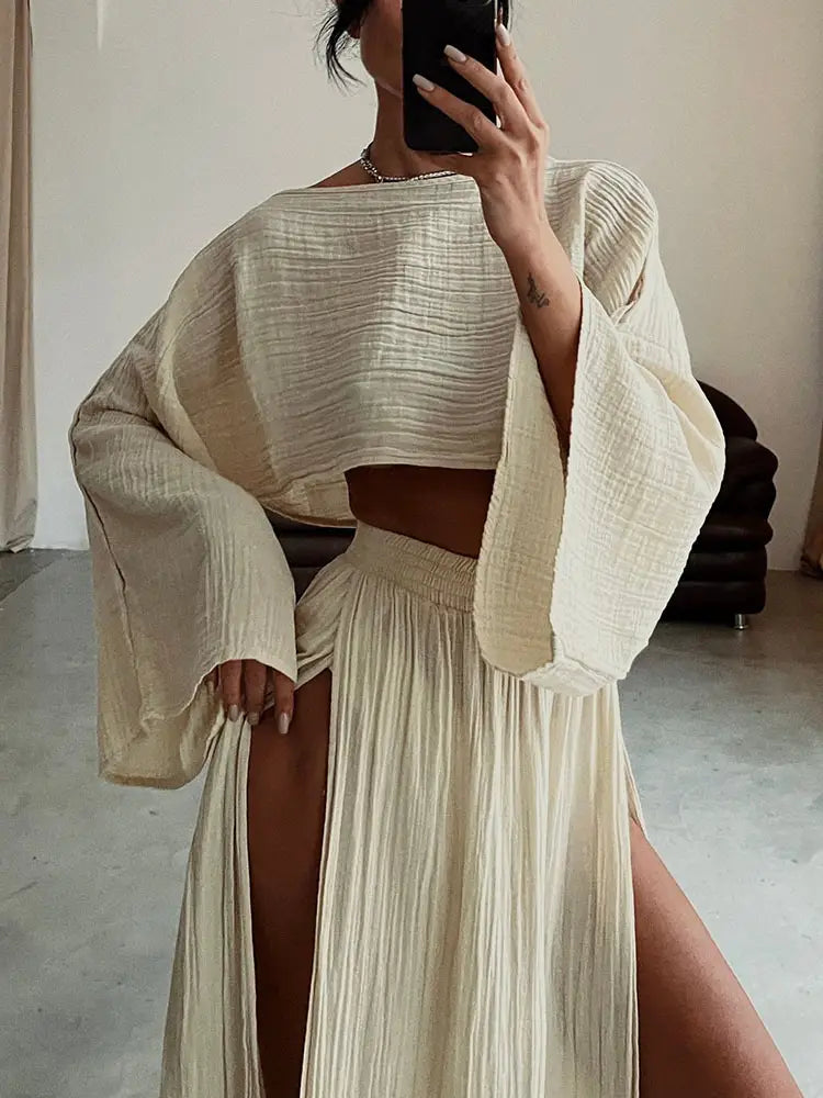 Casual Pleated Crop Top High-Waisted Slit Skirt Set