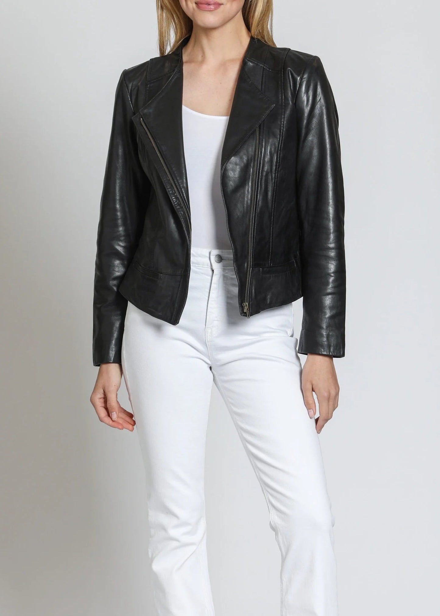 Collarless Leather Zip Up Jacket