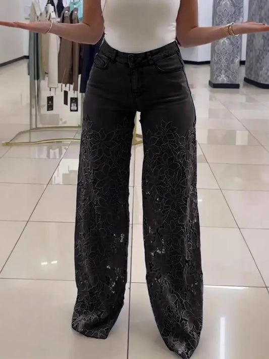 Floral Crochet Lace Cut-Out Jeans Patchwork Hollow Jeans