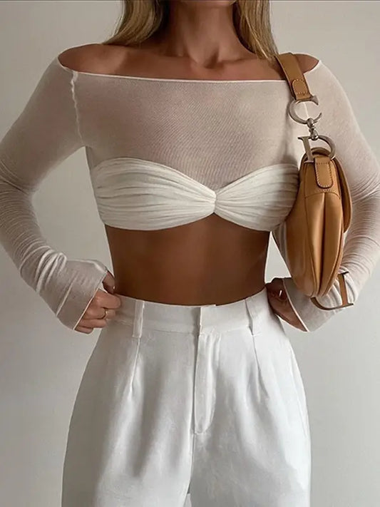 Off-Shoulder Long Sleeve Crop Top White