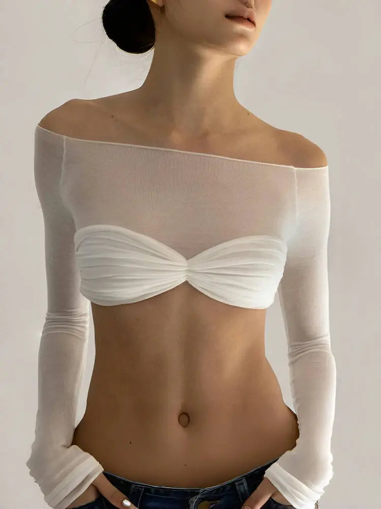 Off-Shoulder Long Sleeve Crop Top White