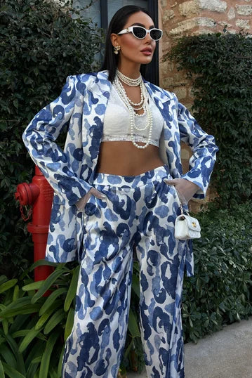 Blue and White Silk Blazer Set