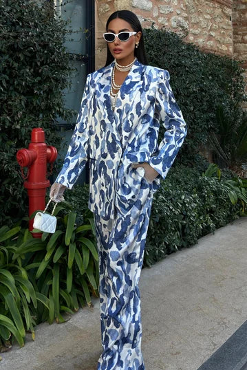 Blue and White Silk Blazer Set
