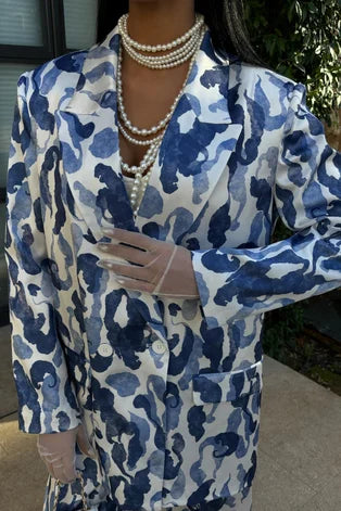 Blue and White Silk Blazer Set