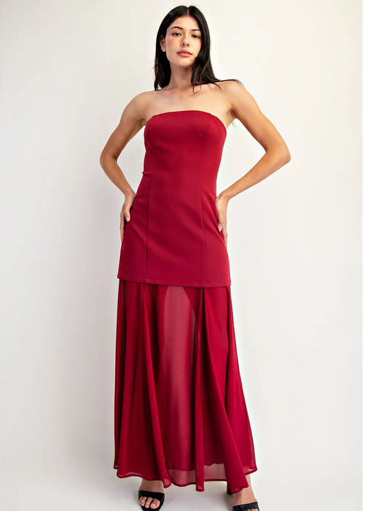 Red Hem Strapless Midi Dress