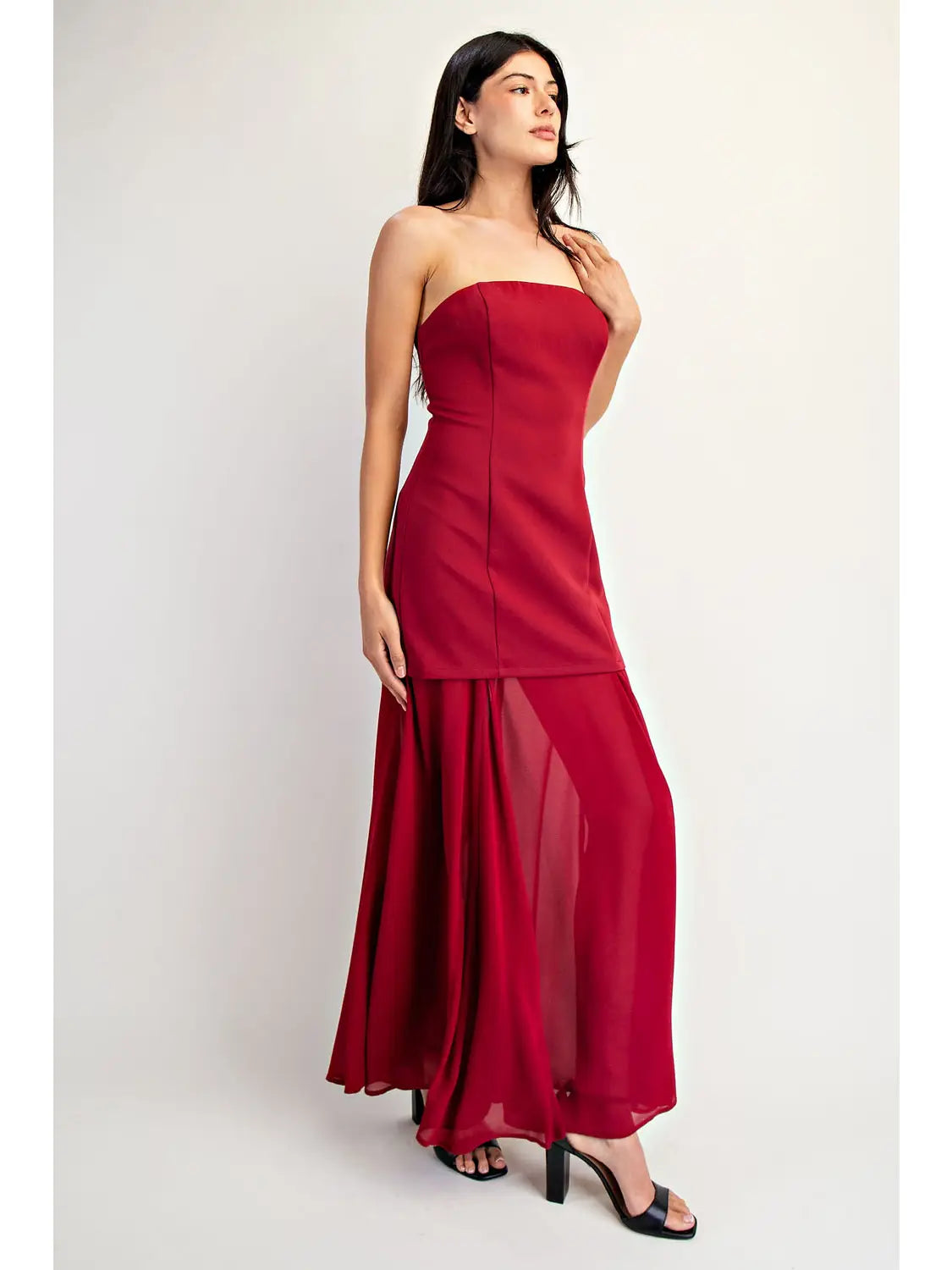Red Hem Strapless Midi Dress