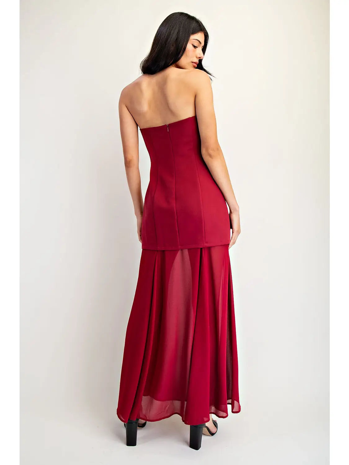 Red Hem Strapless Midi Dress