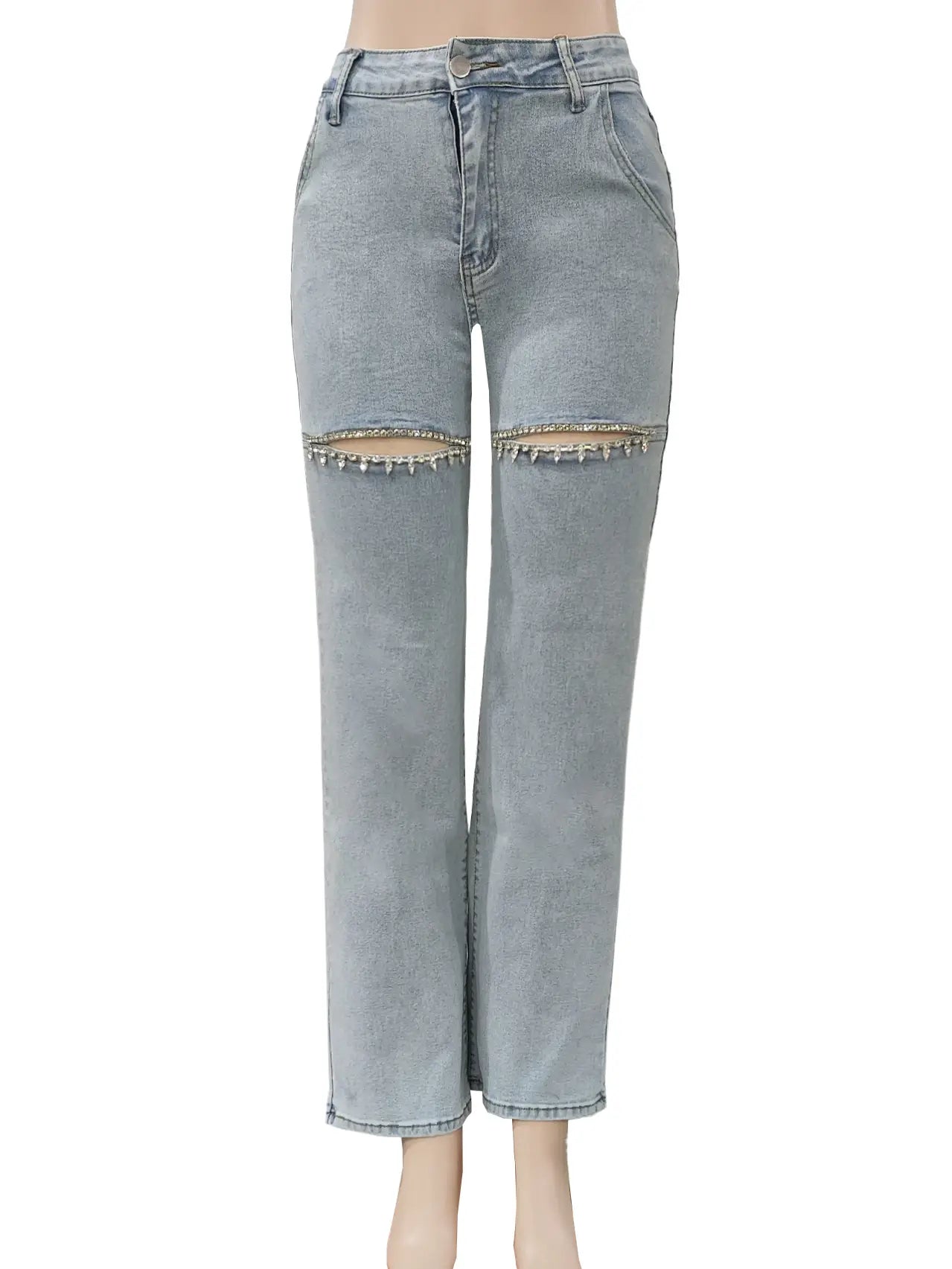 Rhinestone Cutout Wide Leg Jeans