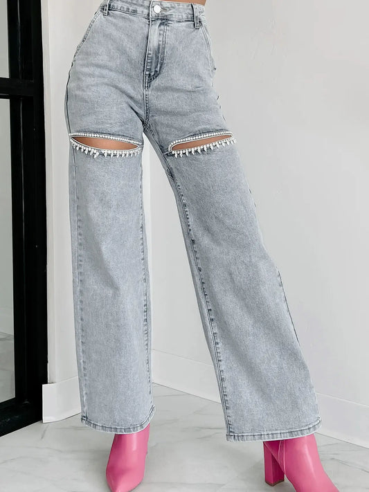 Rhinestone Cutout Wide Leg Jeans