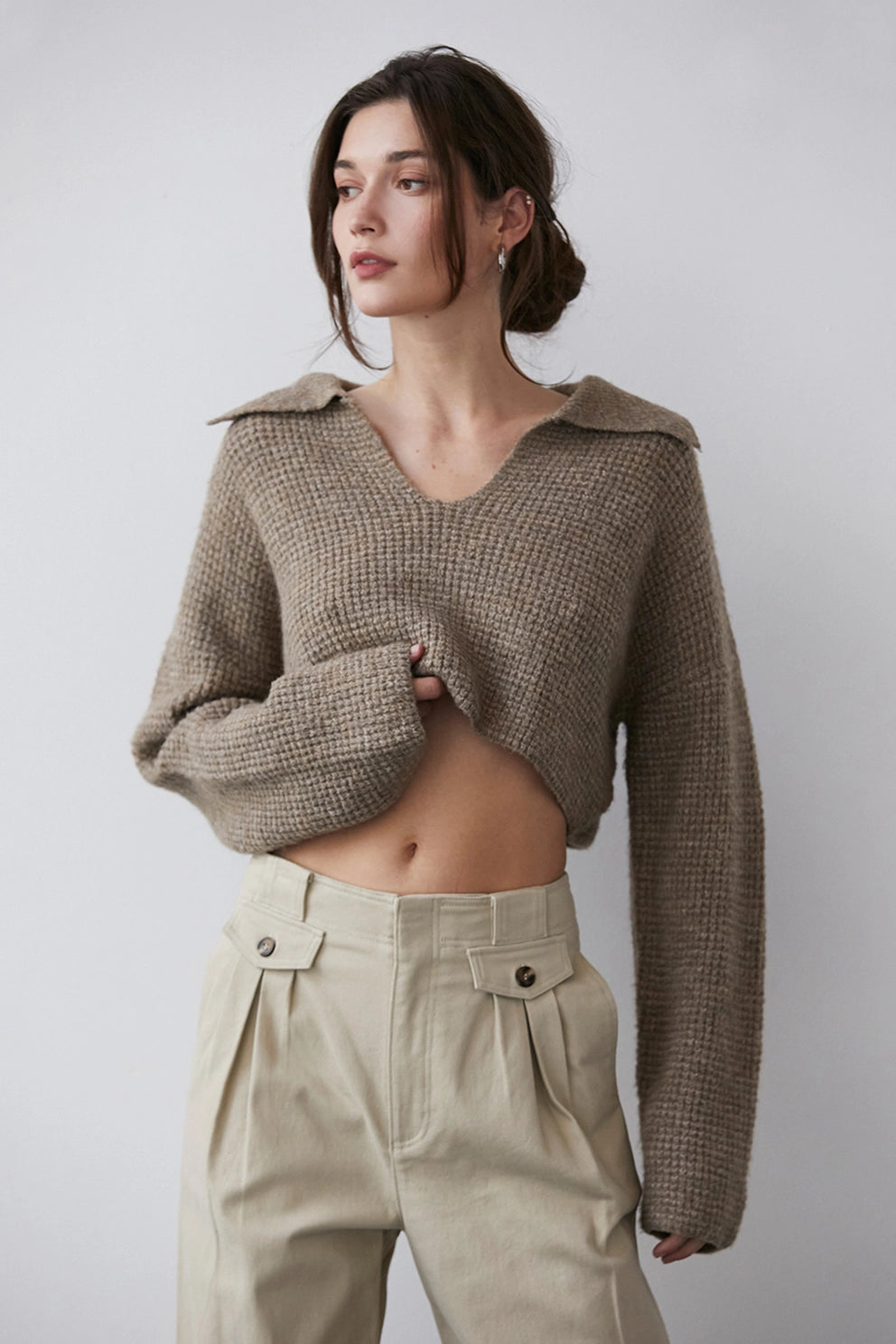 Waffle Polo Sweater Knit Top