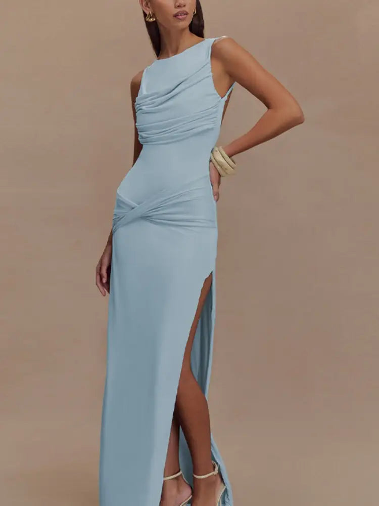 Pleated Black Backless Gown